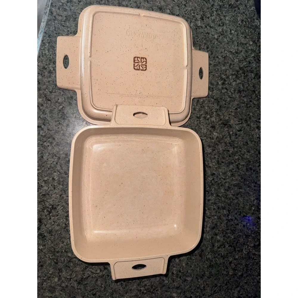 LittonWare Vintage Microwave Oven Cookware Set Tan Speckled Square Pan Lid 39274